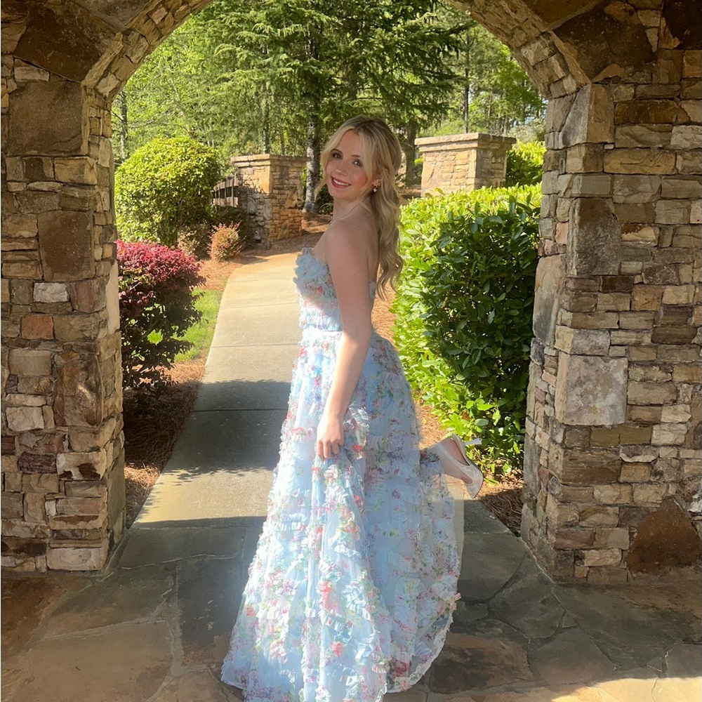 Jovani
Style #38650 Floral Strapless Gown (light blue!)